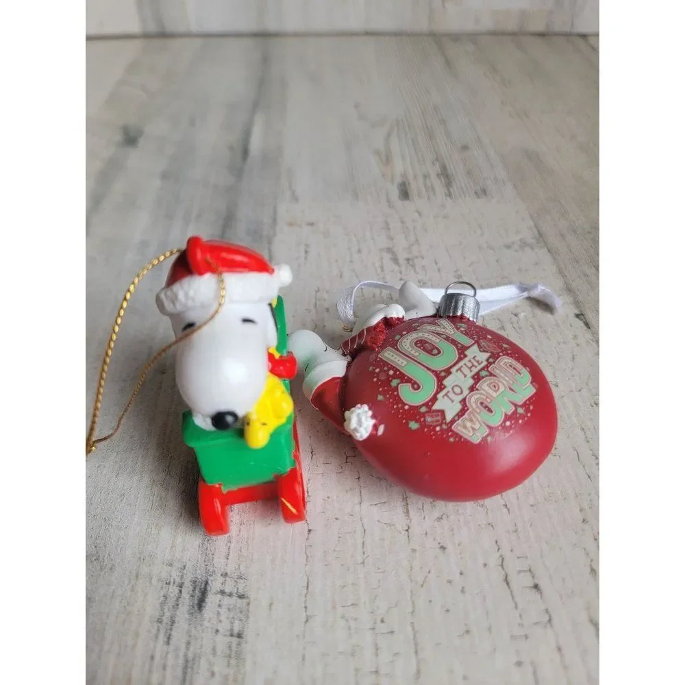 Snoopy Woodstock sled joy to the World‎ ornament set Xmas